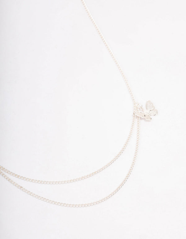 Silver Double Chain Butterfly Necklace