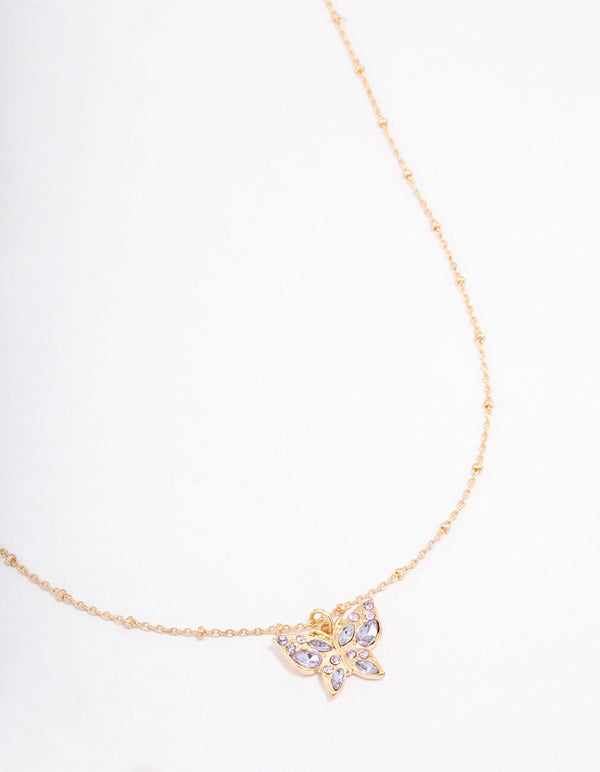 Gold Pave Ball Chain Butterfly Necklace