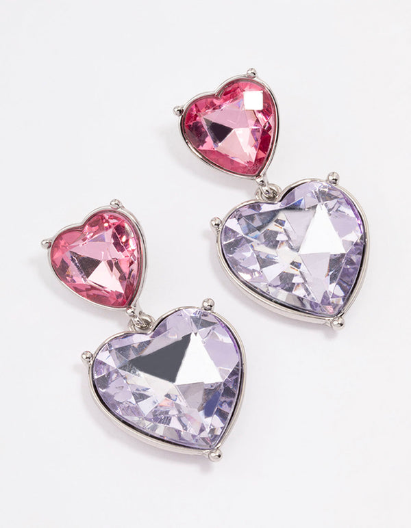 Pink & Purple Small Double Heart Drop Earrings