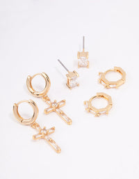 Gold Plated Cubic Zirconia Baguette Cross Earrings 3-Pack - link has visual effect only