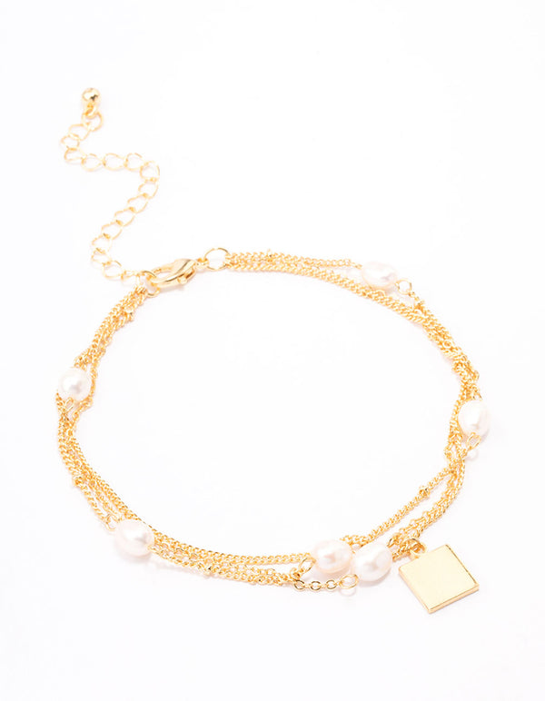 Gold Plated Layered Station Chain Freshwater Pearl Anklet