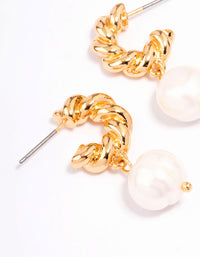 Gold Plated Textured Freshwater Pearl Hoop Earrings - link has visual effect only