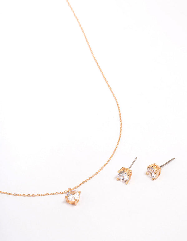 Gold Cubic Zirconia Round Earring & Necklace Set