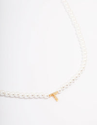 Gold Plated Letter T Initial & Pearl Pendant Necklace - link has visual effect only