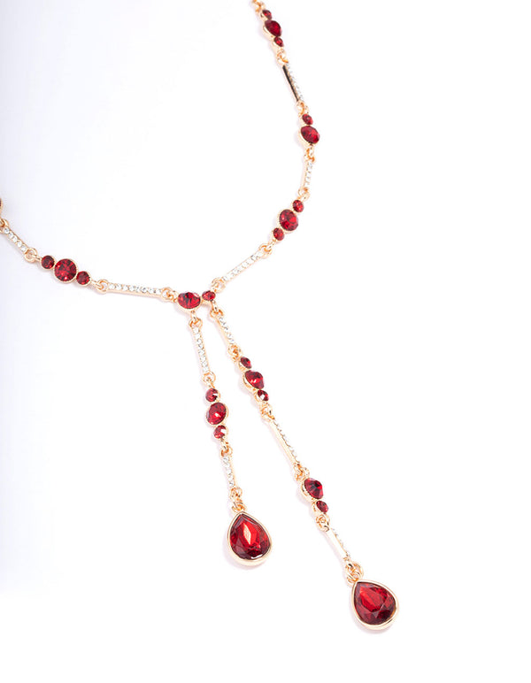 Red Multi Diamante Y-Shape Necklace