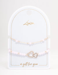 Rose Gold Pink Beaded Heart Bracelet Pack - link has visual effect only