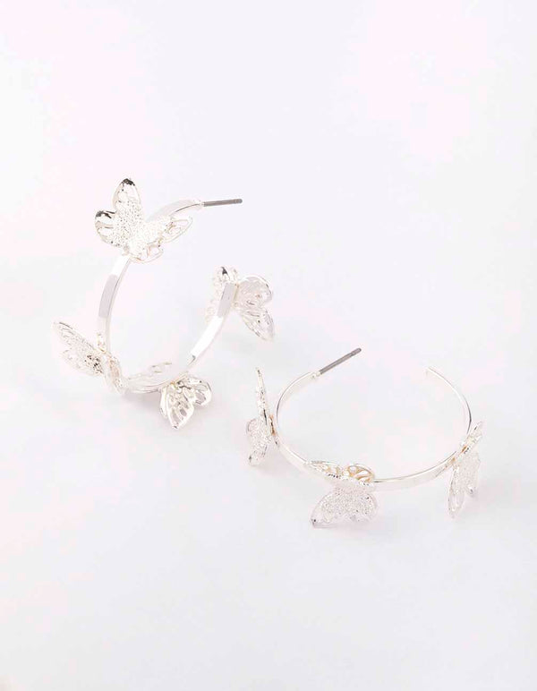 Silver Sandblast Butterfly Hoop Earrings