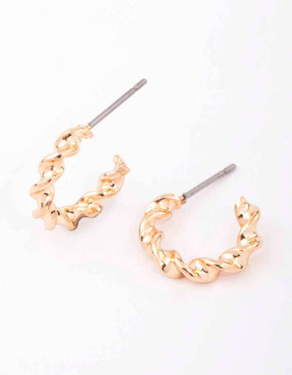 Gold Rope Twisted Huggie Earrings