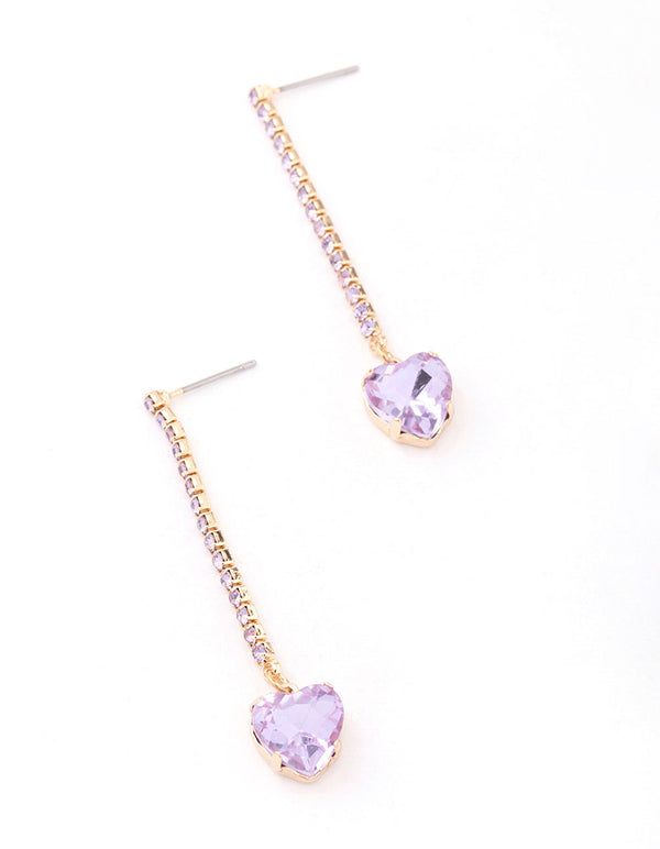 Purple Diamante Heart Cup Chain Drop Earrings