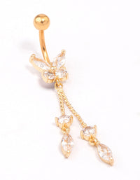 Gold Plated Surgical Steel Butterfly Cubic Zirconia Chain Belly Ring - link has visual effect only