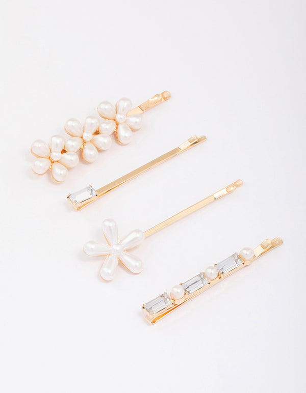 Gold Pearl Diamante Flower Hair Clip 4-Pack