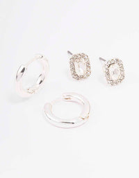 Silver Rectangle Halo Diamante Hoop Earring Pack - link has visual effect only