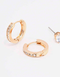 Gold Encased Diamante Stud & Hoop Earring Pack - link has visual effect only