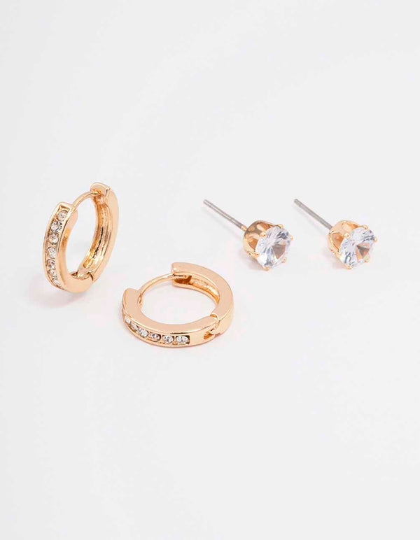 Gold Encased Diamante Stud & Hoop Earring Pack