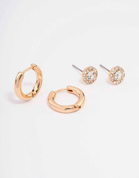 Gold Halo Diamante Stud & Hoop Earring Pack - link has visual effect only