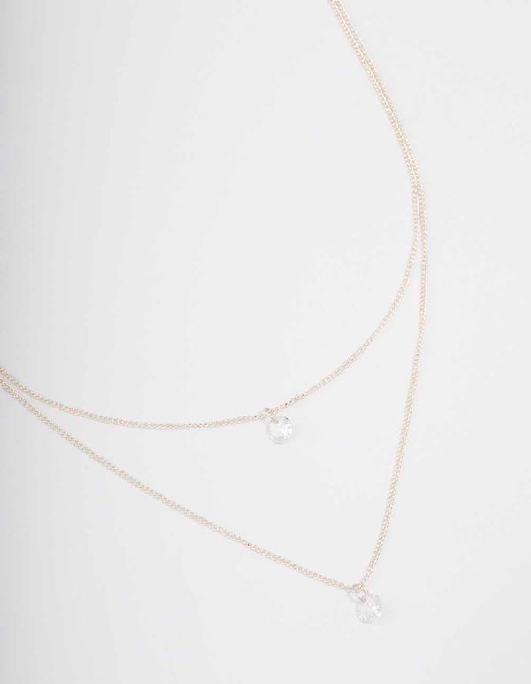 Silver Double Chain Floating Diamante Necklace