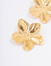 Gold Plated Stainless Steel Textured Flower Stud Earrings - link has visual effect only