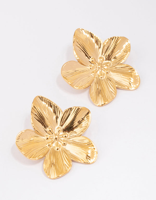 Gold Plated Stainless Steel Textured Flower Stud Earrings