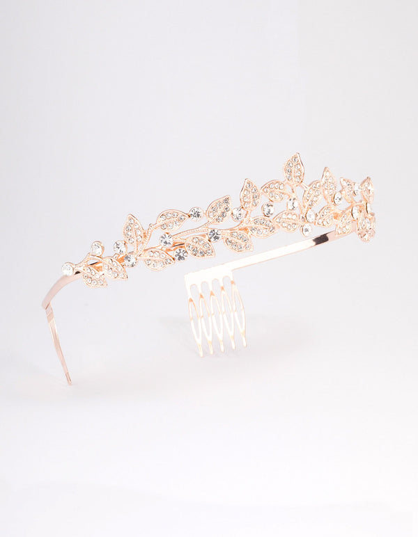 Rose Gold Diamante Leafy Tiara