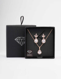 Rose Gold Leaf Pear Halo Necklace & Drop Earring Set - link has visual effect only