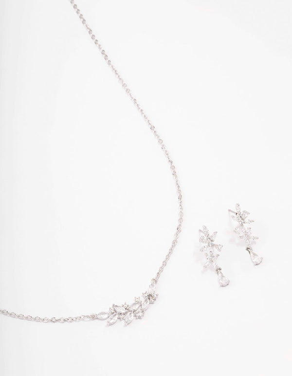 Rhodium Dainty Sparkle Flower Necklace & Earring Set