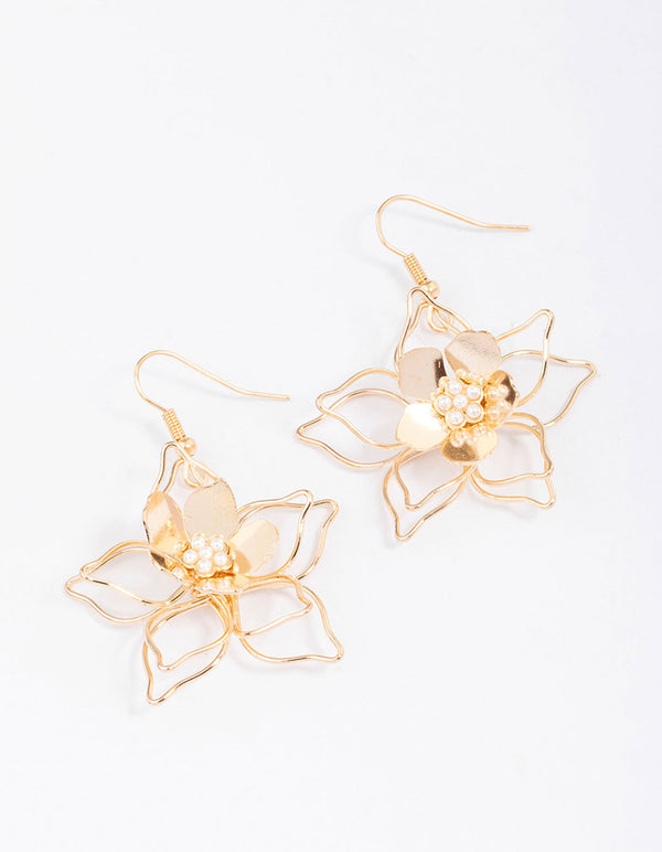 Gold Wire Pearl Flower Drop Earrings