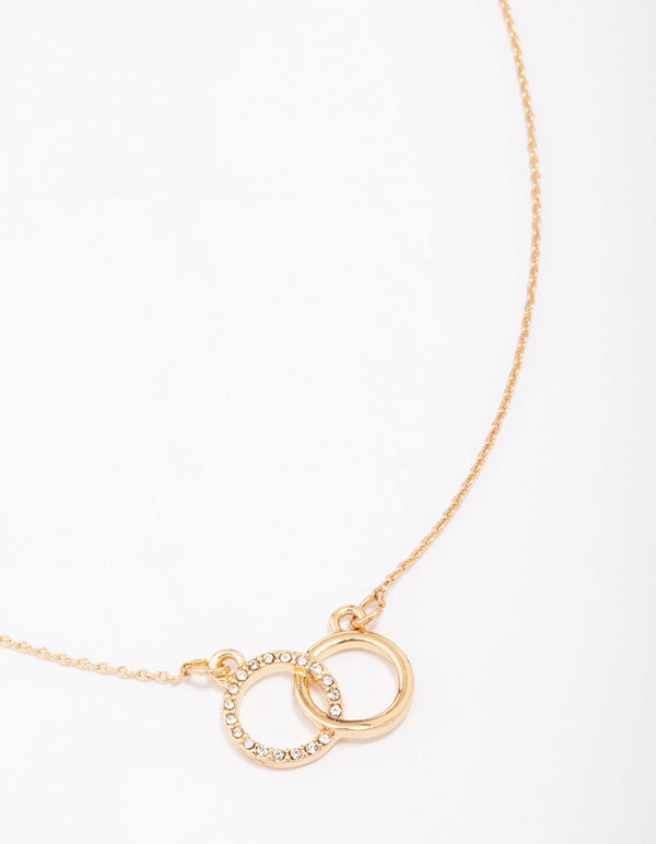 Gold Diamante Double Circle Link Pendant Necklace