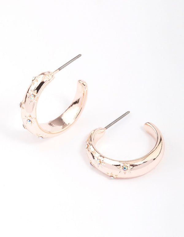 Rose Gold Diamante Star Puffy Hoop Earrings