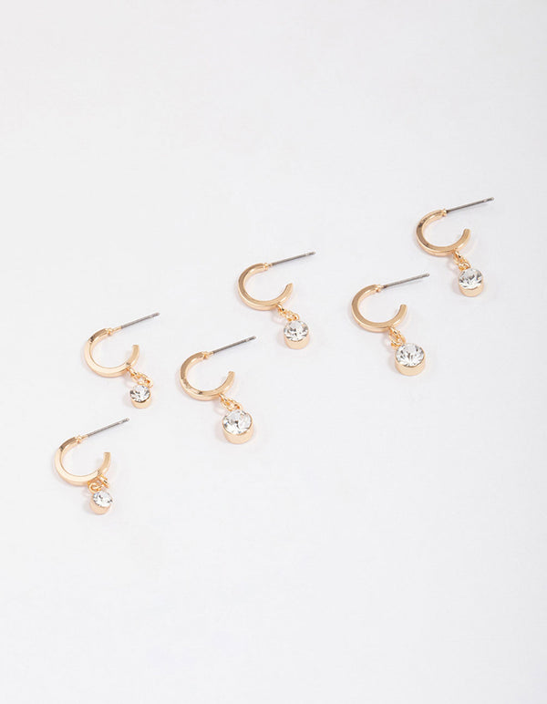 Gold Graduating Diamante Drop Huggie Earring 3-Pack