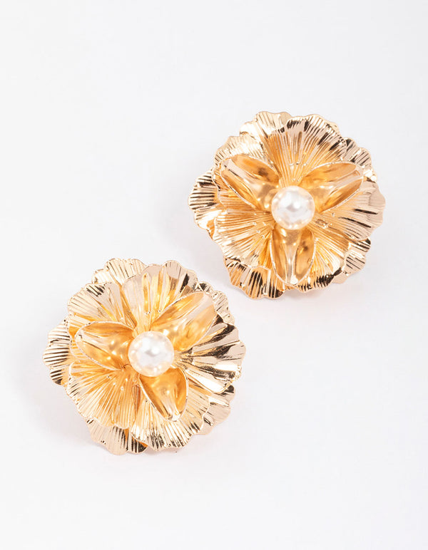 Gold Foil Pearl Flower Stud Earrings