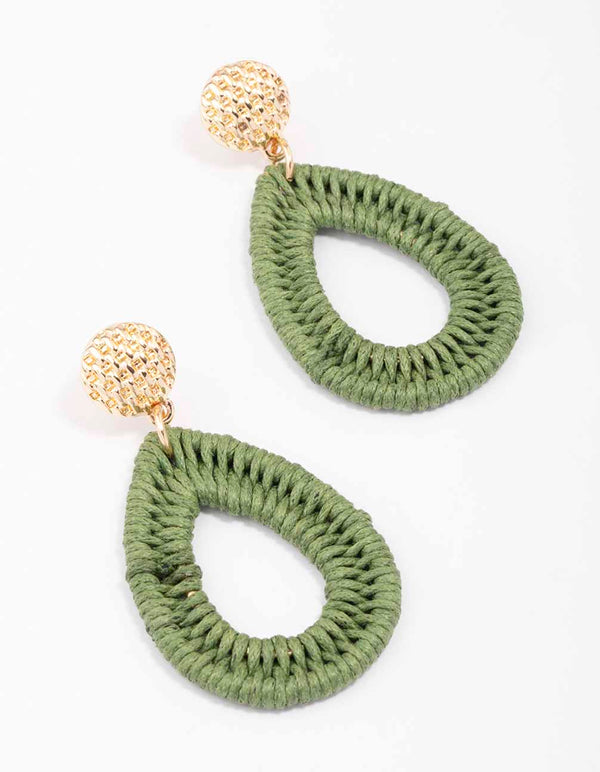 Gold & Green Oval Raffia Stud Drop Earrings