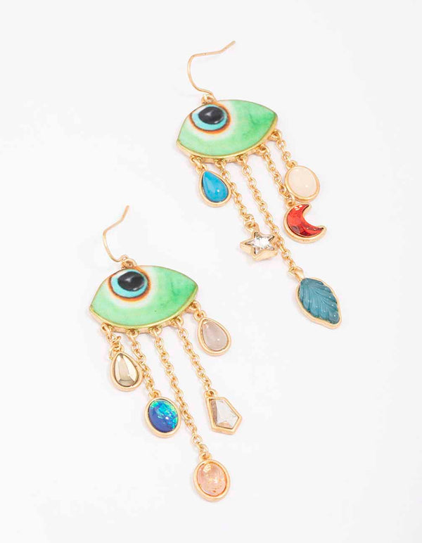 Gold Evil Eye Charm Drop Earrings