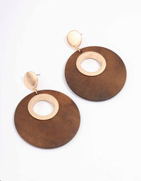 Gold Round Wooden Disc Drop Earrings - link has visual effect only