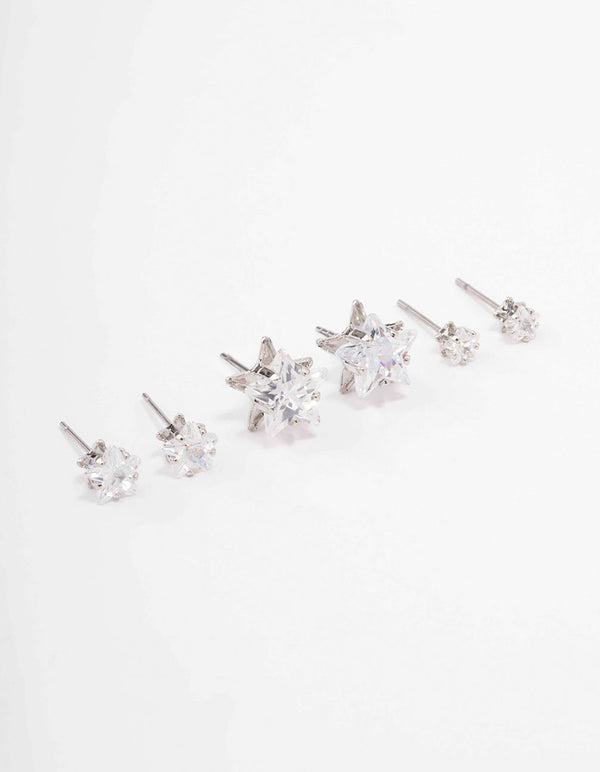 Silver Cubic Zirconia Star Stud Earring 3-Pack