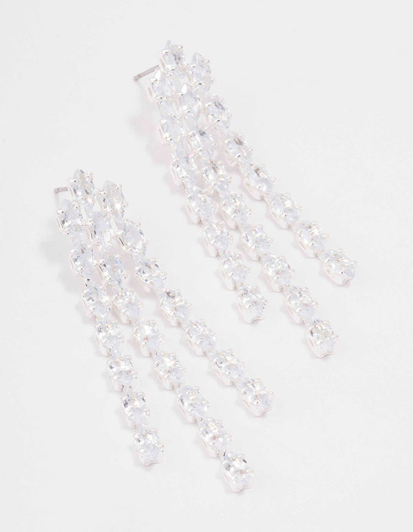 Silver Triple Layer Cubic Zirconia Cupchain Drop Earrings