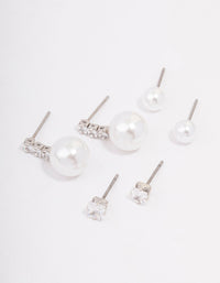 Rhodium Cubic Zirconia & Pearl Stud Earring 3-Pack - link has visual effect only