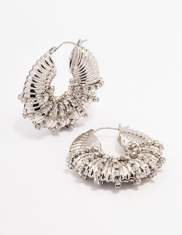 Rhodium Diamante Wrapped Chubby Hoop Earrings