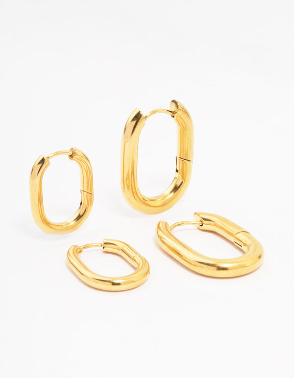 Gold Plated Stainless Steel Square Oval Hoop Earrings 2-Pack