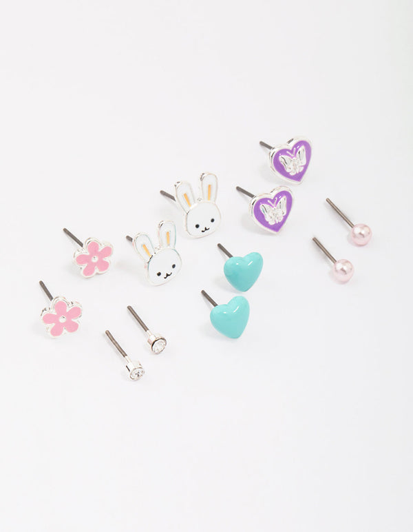 Kids Silver Easter Bunny & Heart Stud Earring 6-Pack