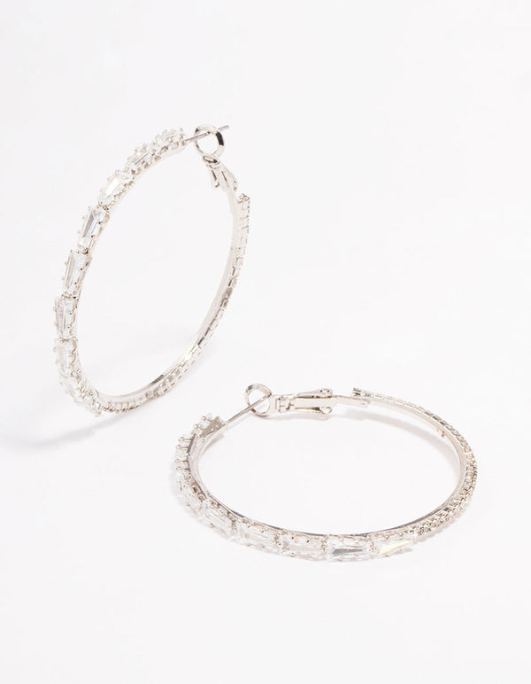 Silver Cubic Zirconia Baguette Stone Hoop Earrings