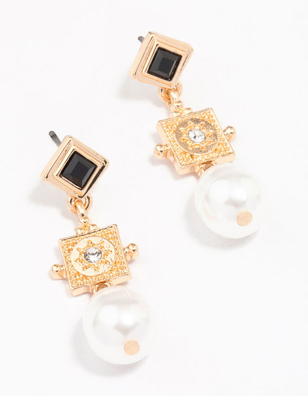 Gold Diamante Square Pearl Drop Earrings