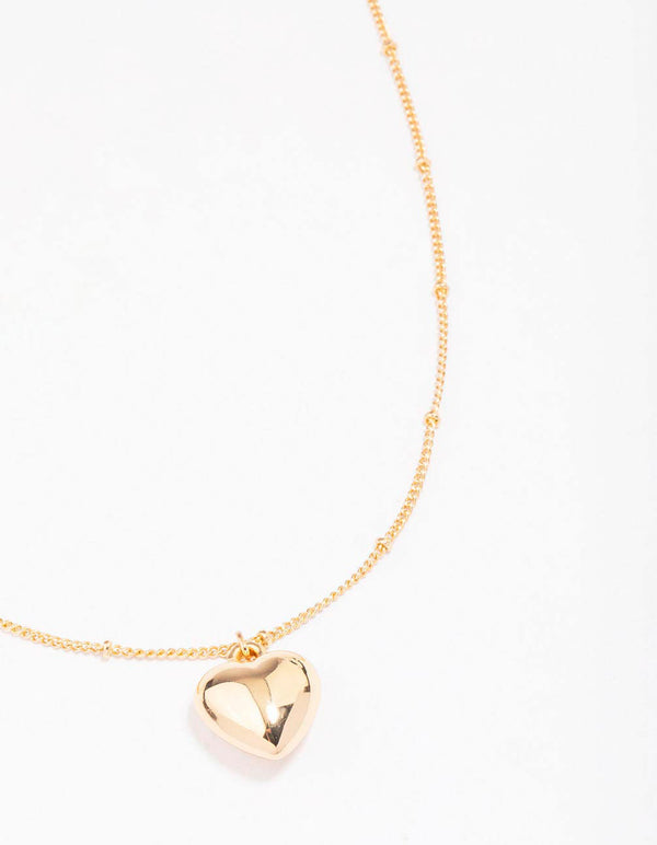 Gold Puffy Heart Ball Chain Pendant Necklace