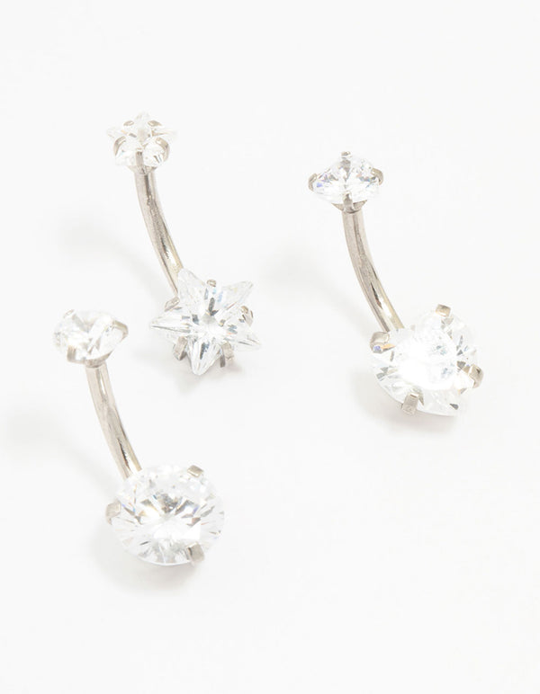 Surgical Steel Star & Heart Crystal Belly Piercing 3-Pack