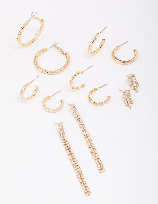 Gold Mixed Diamante Stud Earring 6-Pack