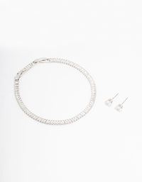 Rhodium Cubic Zirconia Baguette Tennis Bracelet & Earring Set - link has visual effect only