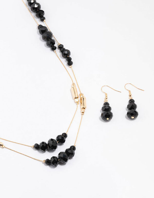 Black Beaded Necklace & Earrings Jewellery Set