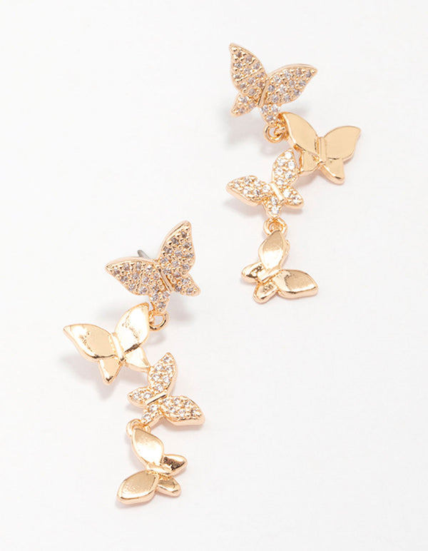 Gold Cubic Zirconia Butterfly Drop Earrings