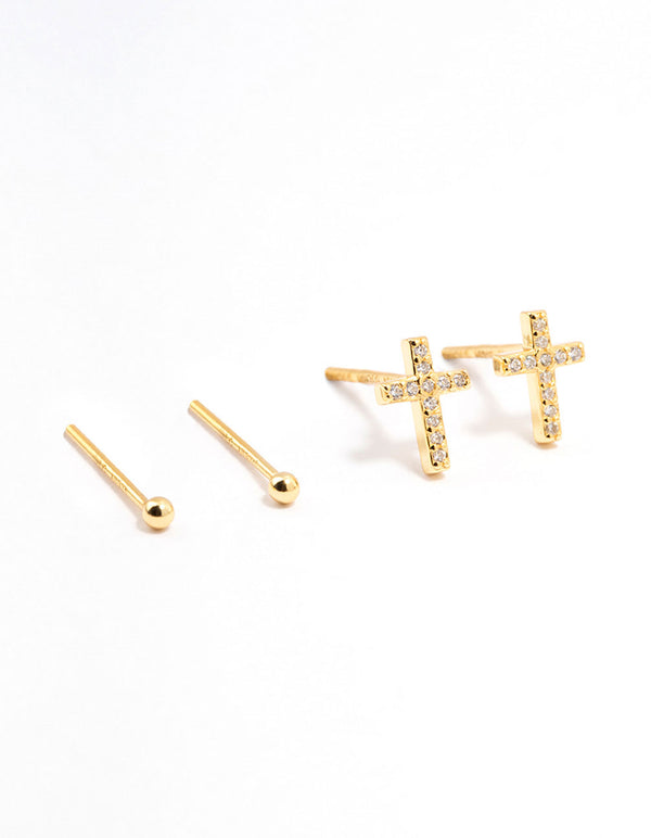 Gold Plated Sterling Silver Cubic Zirconia Cross Earrings 2-Pack
