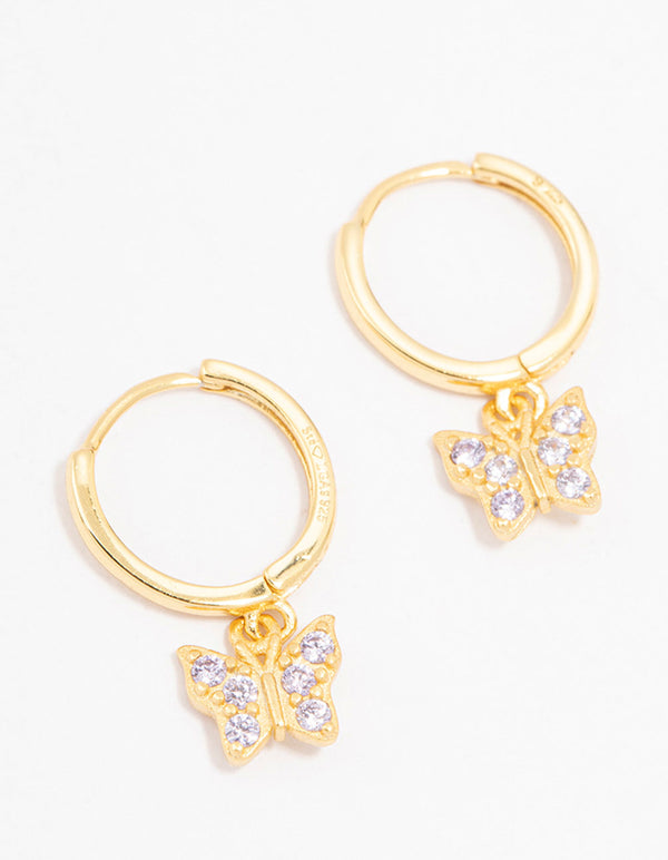 Gold Plated Sterling Silver Cubic Zirconia Butterfly Charm Earrings