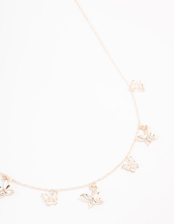 Rose Gold Butterfly Charm Diamante Necklace